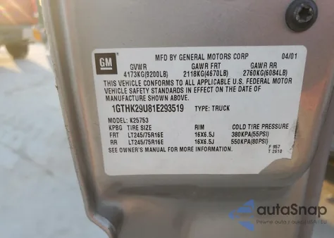 2001 GMC Sierra K2500 Heavy Duty from USA, damaged, VIN 1GTHK29U81E293519